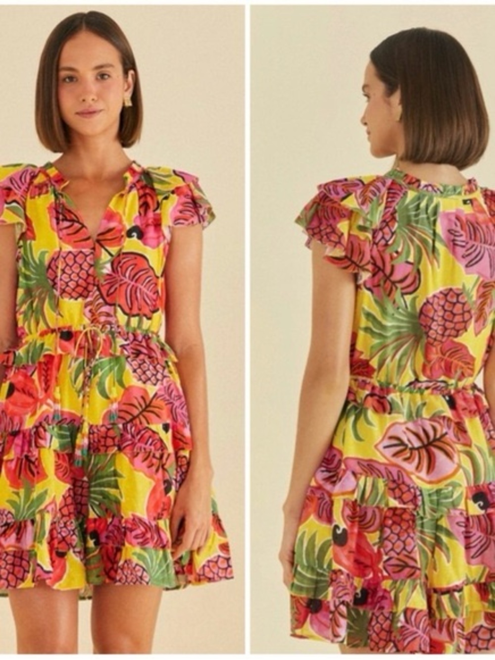 FARM Rio Yellow Tropical Pineapple Mini Dress with Pink & Green Motifs - FLAW